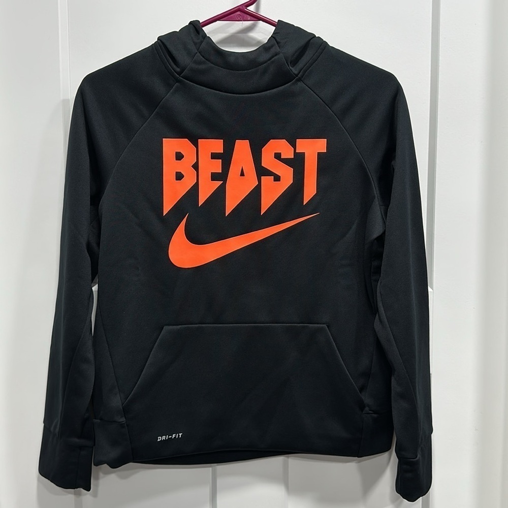 Nike Black Hoodie with Orange 'BEAST' Graphic Size Large